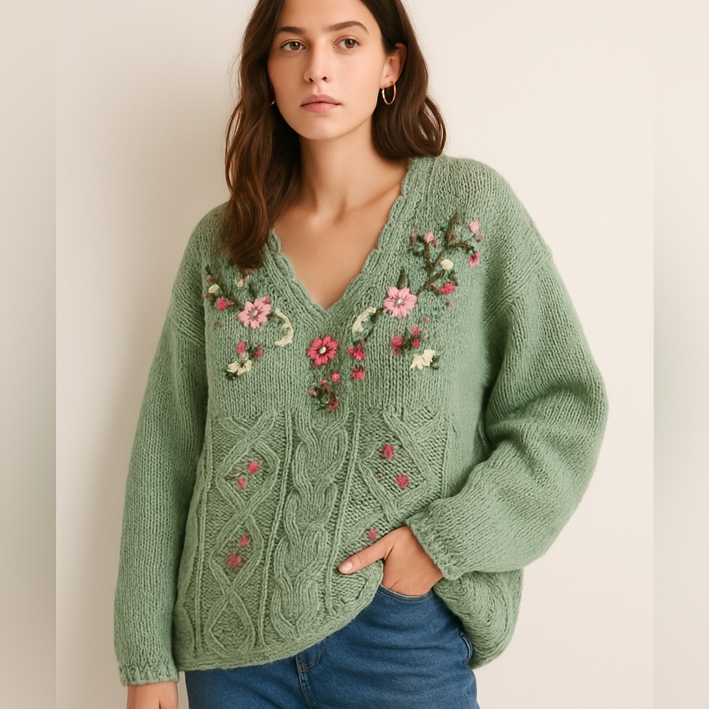 Floral Embroidered Green Sweater